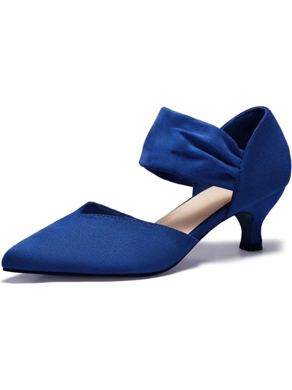〽️Women's Suede Blue Low Kitten Heel Pointed Toe Slip On Pump Ankle Strap Shoes